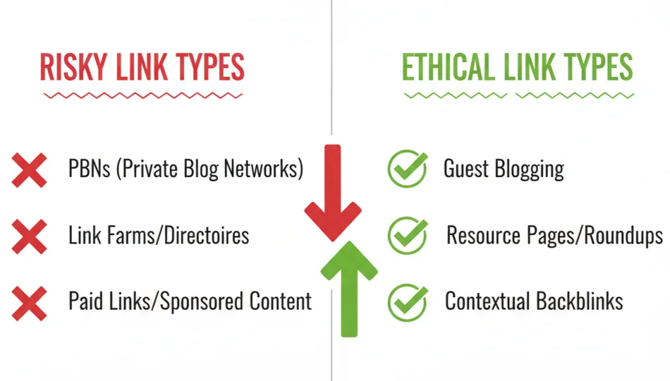 Checklist infographic of common backlink mistakes and safe link practices.