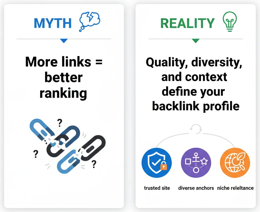 Infographic comparing backlink profile myths and realities to show quality over quantity.