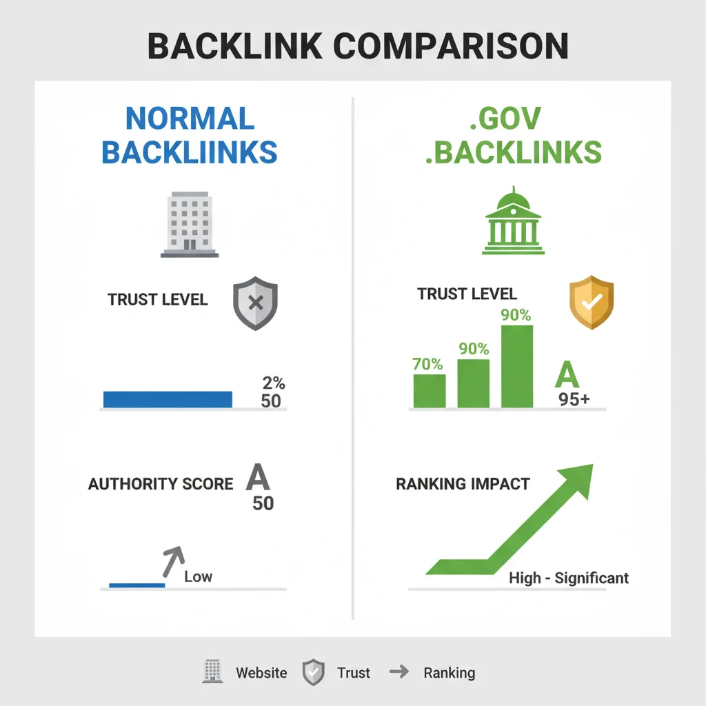 Infographic comparing .gov backlinks vs normal backlinks for SEO trust and authority boost.