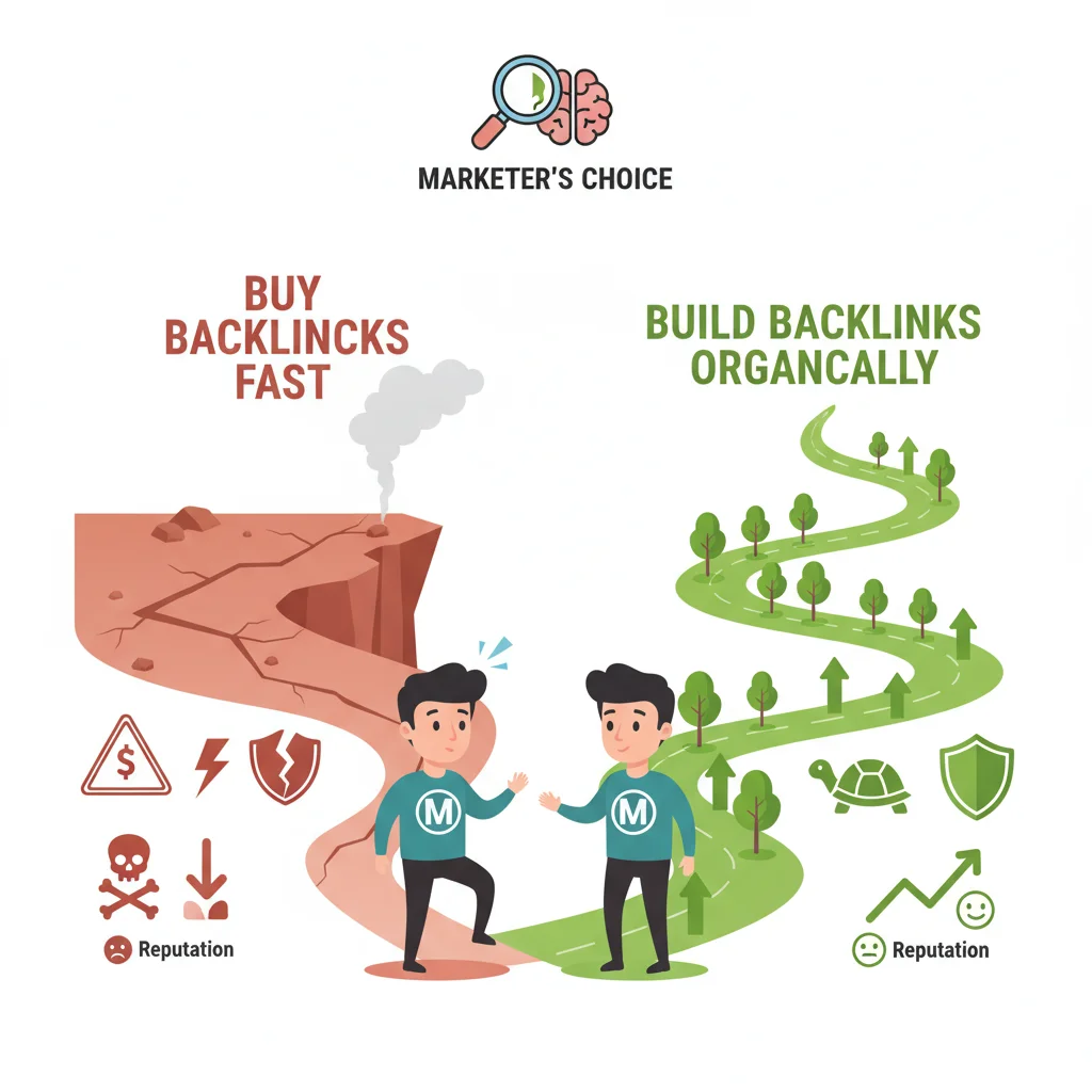 Infographic comparing reasons brands buy backlinks versus build them ethically.
