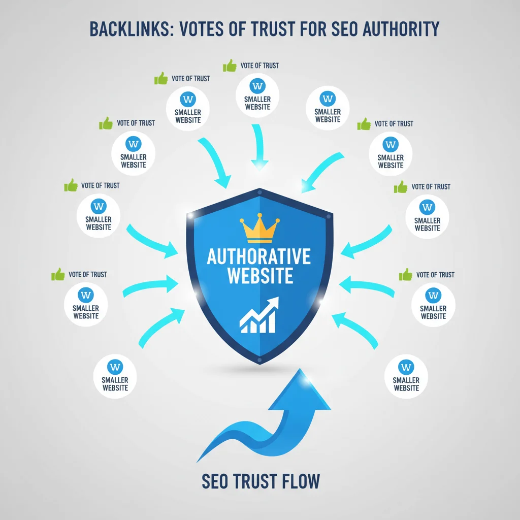 Infographic illustrating backlinks as trust signals boosting SEO rankings