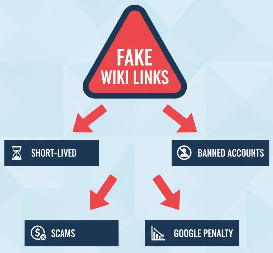 Infographic showing the risks and dangers of buying paid Wikipedia backlinks.