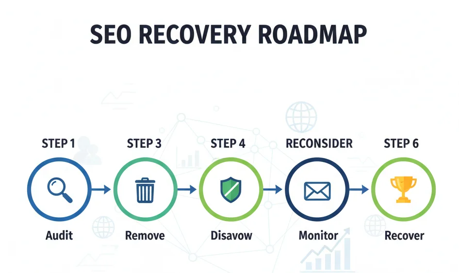 SEO recovery roadmap showing six steps to fix a bad backlinks penalty.