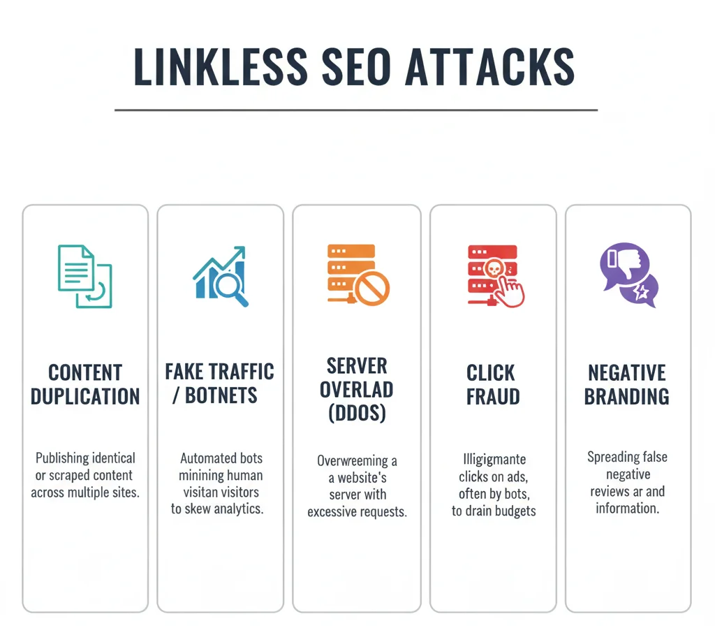 Five main types of negative SEO without backlinks illustrated with icons.”