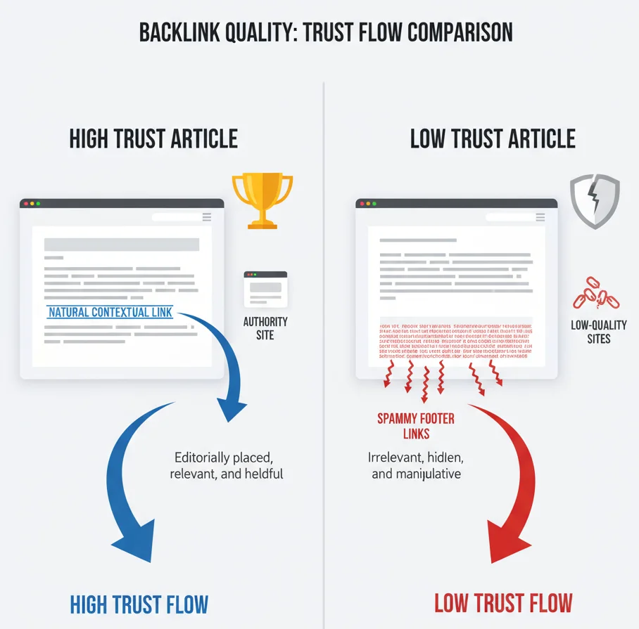 Visual comparison of contextual vs spammy backlinks for SEO trust.