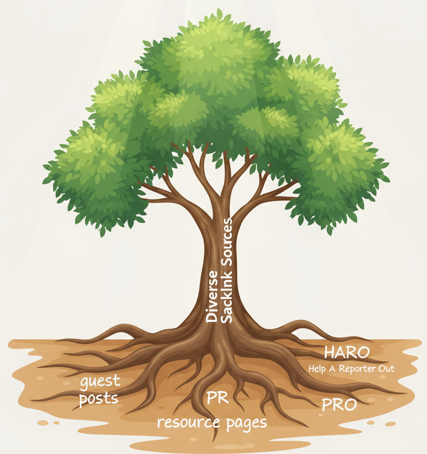 Tree infographic showing diverse backlink sources for long-term SEO authority