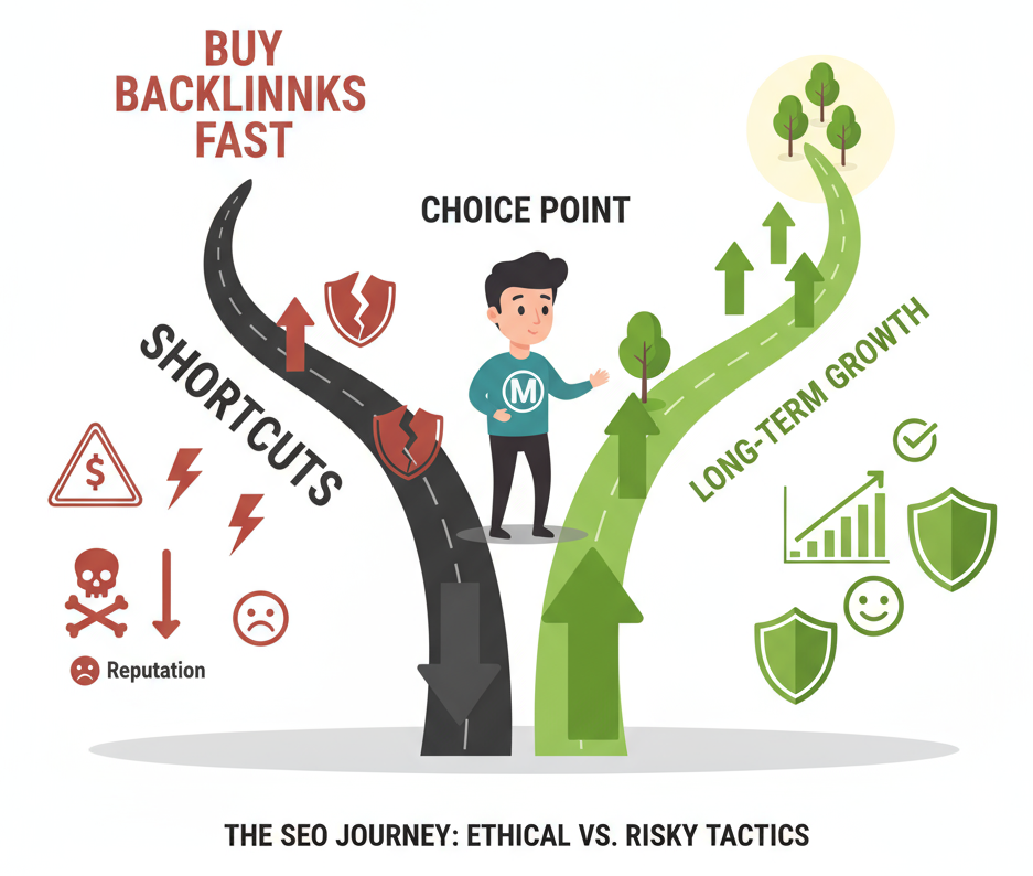 Illustration comparing risky backlink shortcuts vs long-term SEO growth path.