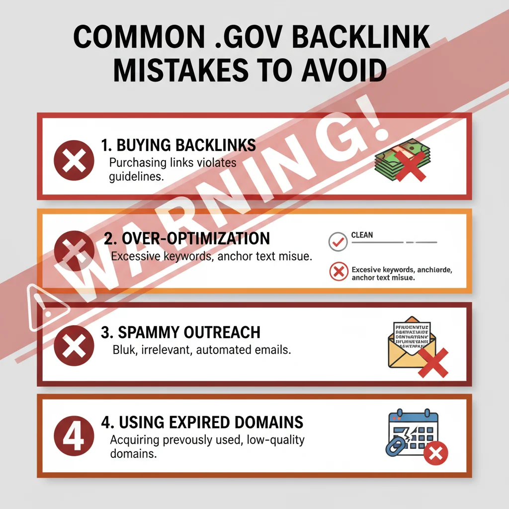 “Infographic showing common mistakes to avoid when building .gov backlinks.
