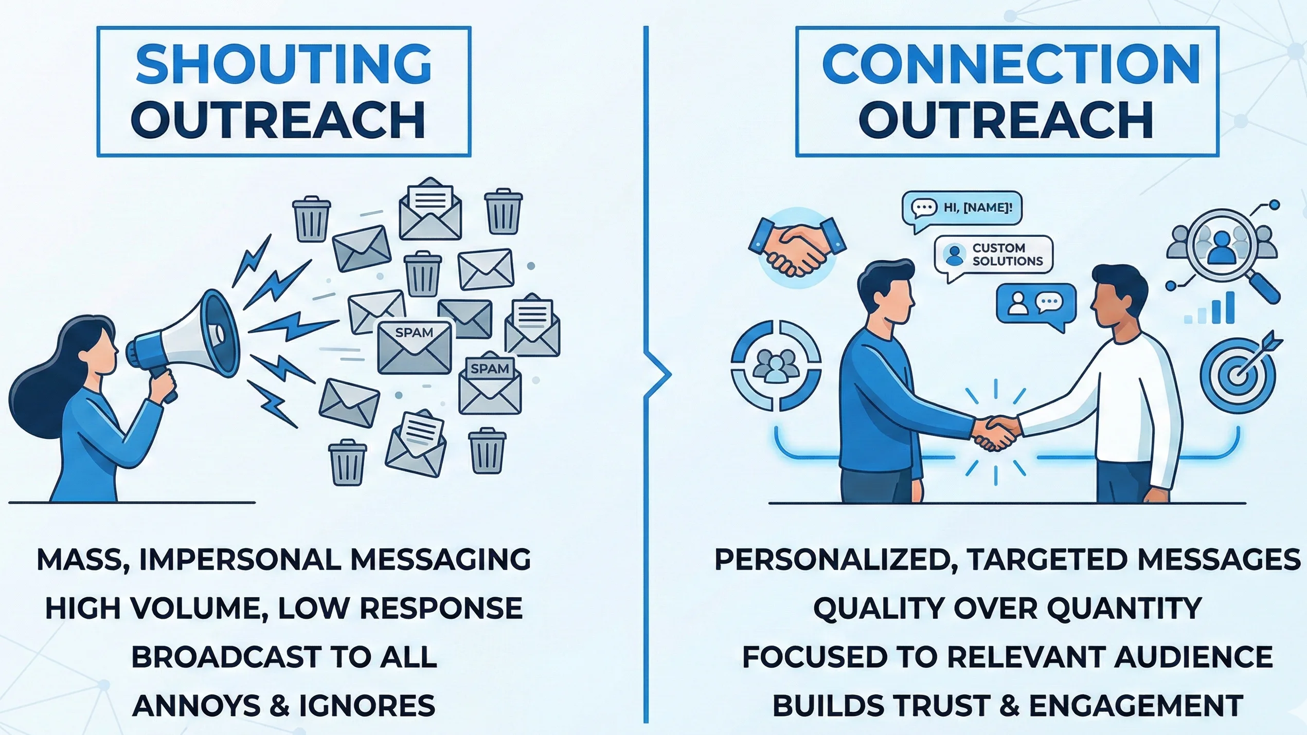 Infographic comparing spam-style outreach vs personalized connection-based outreach.