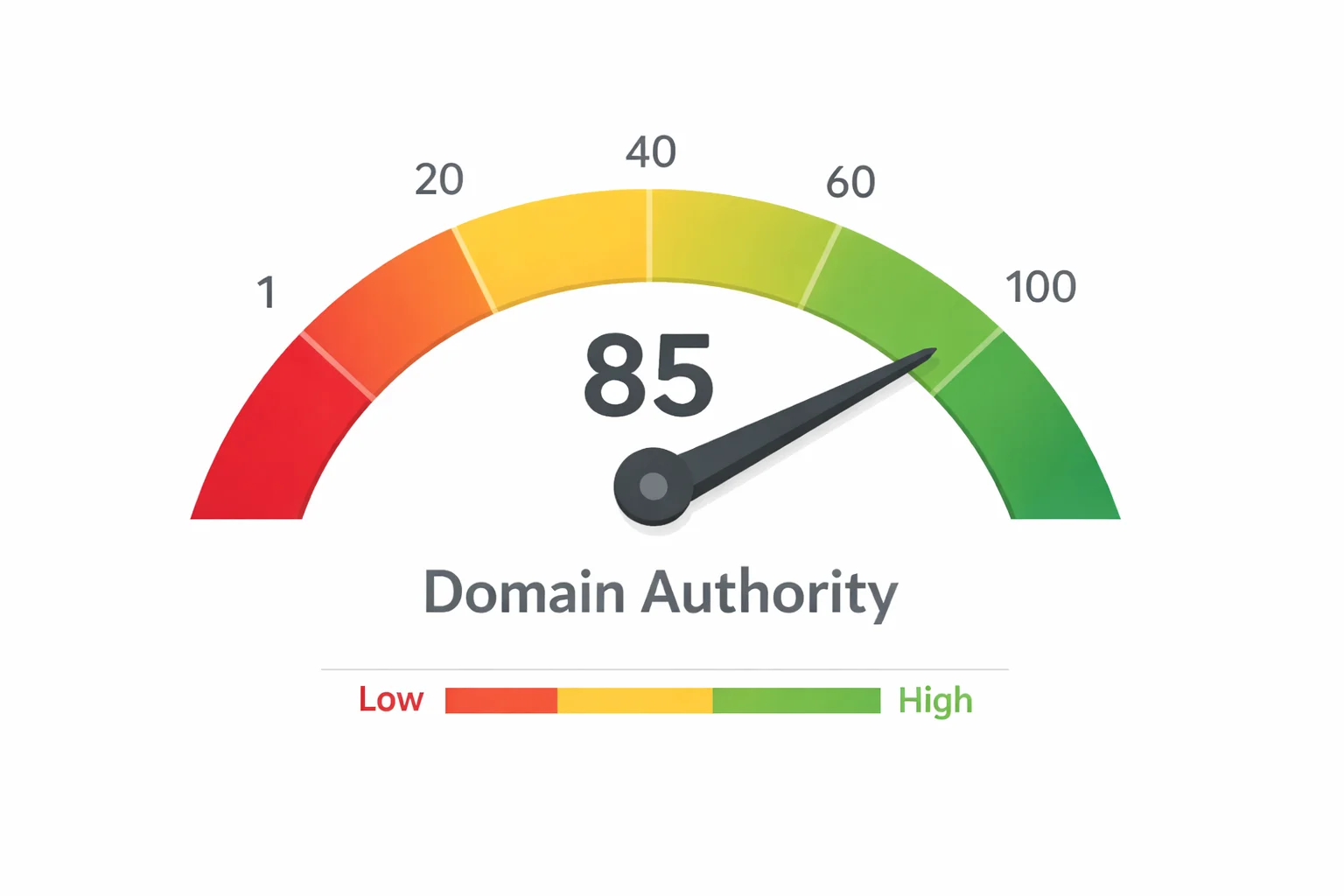 Domain authority score meter showing scale from 1 to 100 for SEO ranking