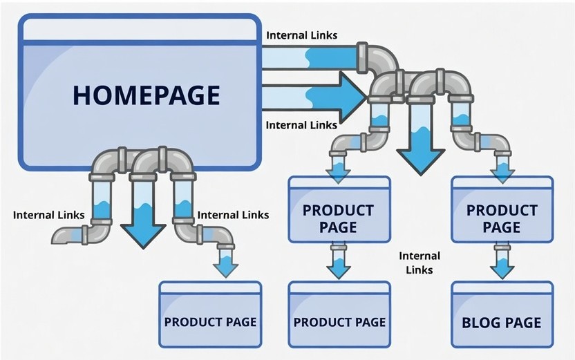 Diagram showing how internal linking distributes domain authority across website pages