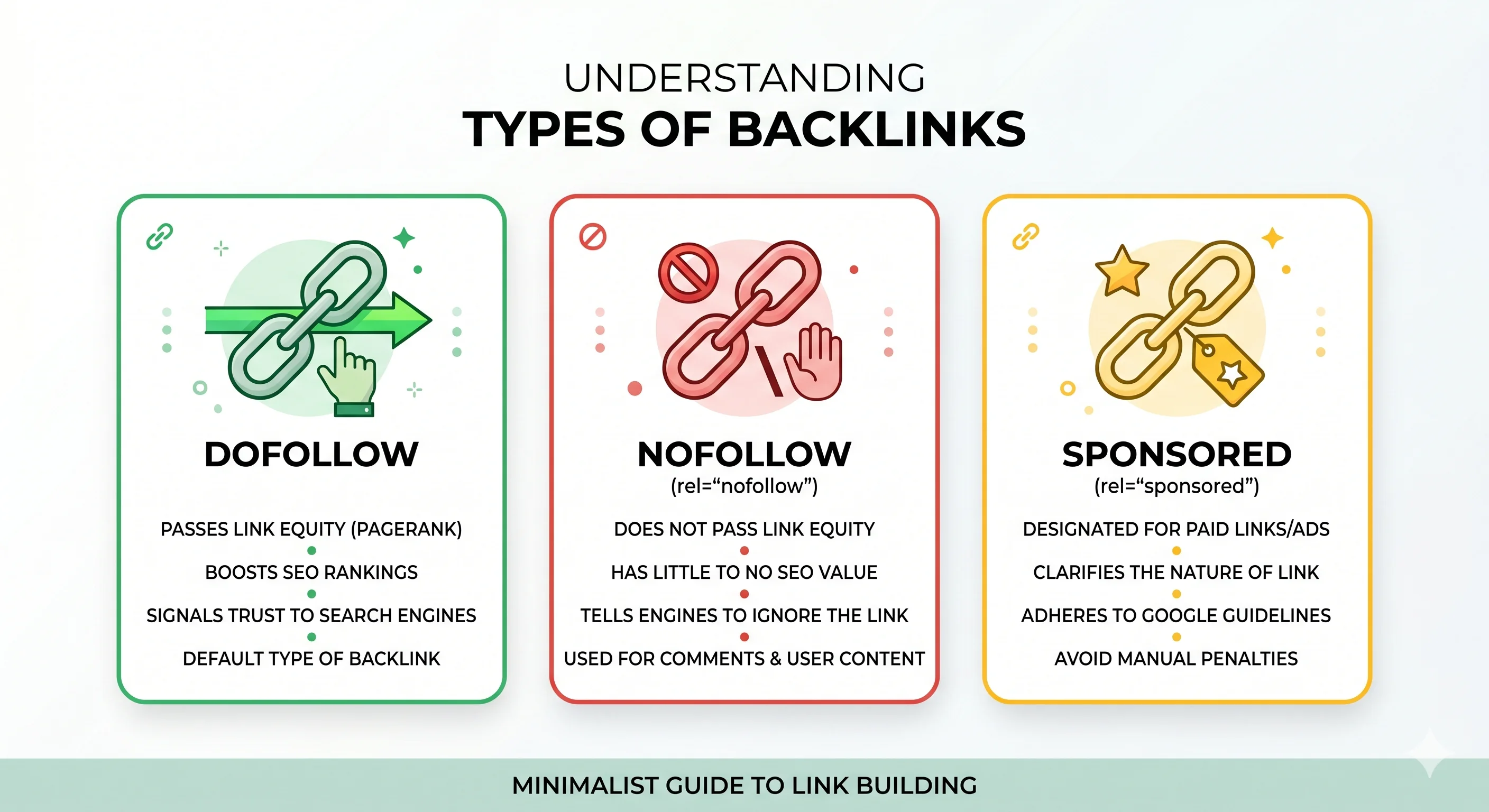 Infographic showing difference between dofollow nofollow and sponsored backlinks for SEO